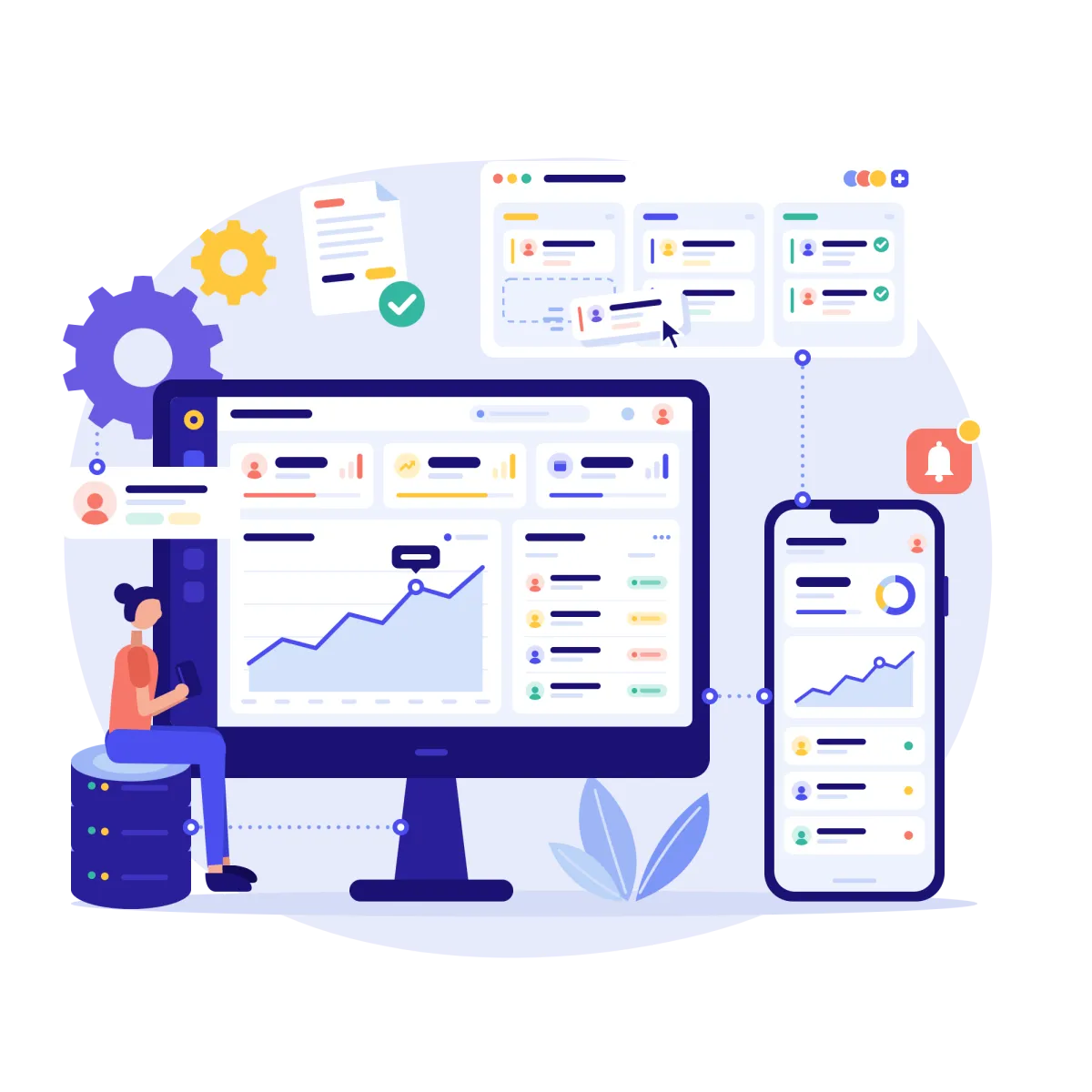 رسم توضيحي لنظام ERP وCRM متصل: لوحة مبيعات ومسار صفقات وتطبيق جوال مرتبطة بقاعدة بيانات واحدة
